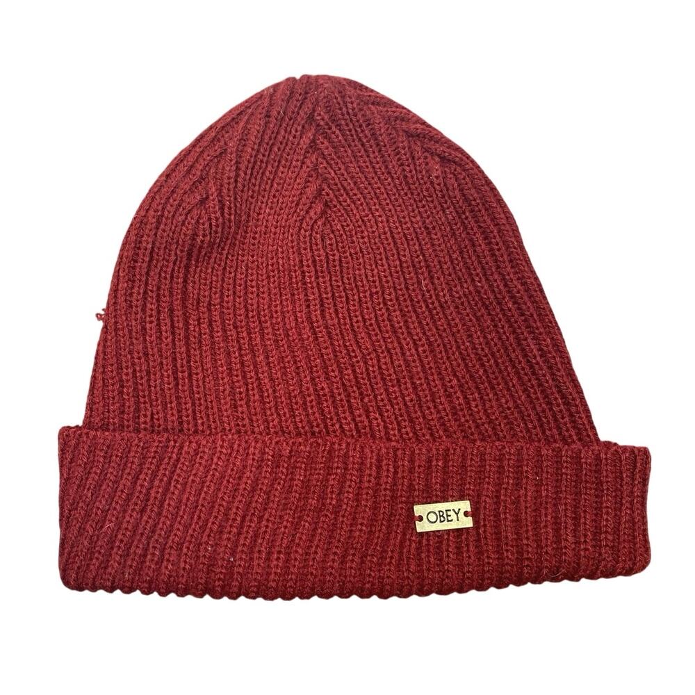 Obey Unisex Red Acrylic Cozy Stretch Ribbed Knit Beanie Bonnet Hat One Size